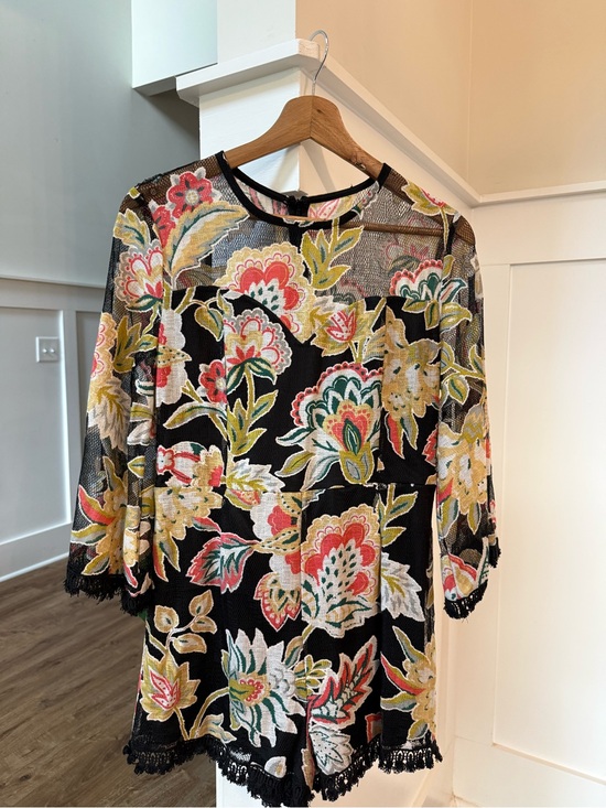 Pants - Black Floral Crochet Tunic with Fringe